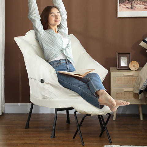 Poltrona Sala de Estar com Apoio para os Pés Poltrona Relax para Leitura com Bolsos Laterais e Pés de Aço para Sala de Estar Dormitório 80x78x100 cm Creme