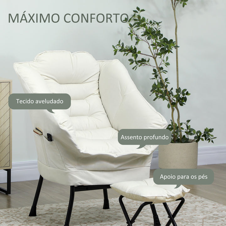 Poltrona Sala de Estar com Apoio para os Pés Poltrona Relax para Leitura com Bolsos Laterais e Pés de Aço para Sala de Estar Dormitório 80x78x100 cm Creme
