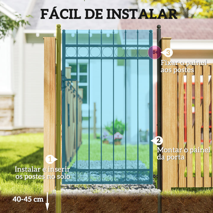 Porta de Jardim 89x147,5 cm Porta para Vedação de Barra de Aço Galvanizado com Puxador Fechadura e 3 Chaves para Exterior Pátio Preto