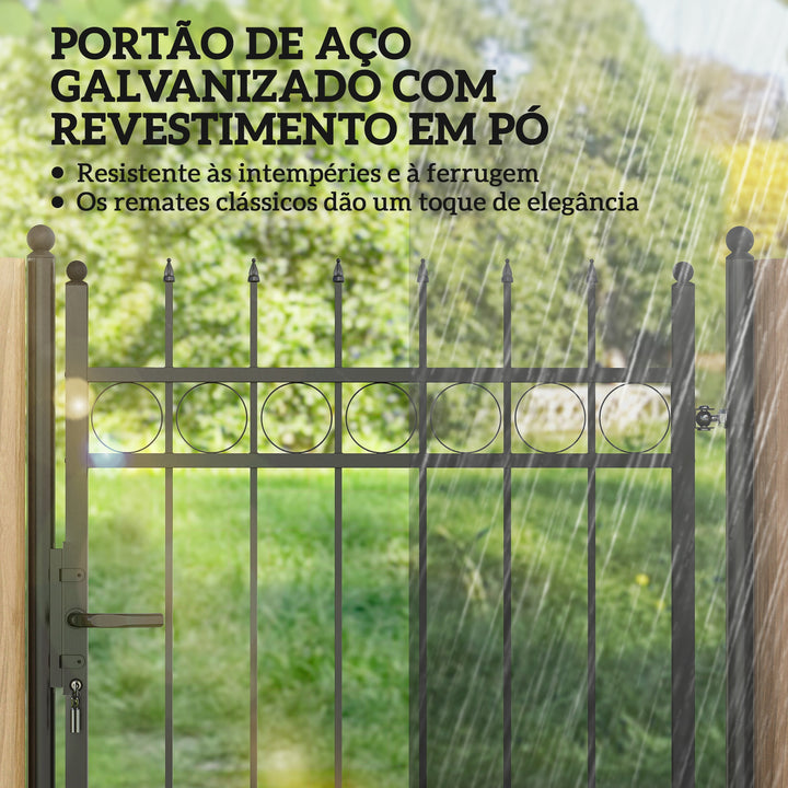 Porta de Jardim 89x147,5 cm Porta para Vedação de Barra de Aço Galvanizado com Puxador Fechadura e 3 Chaves para Exterior Pátio Preto