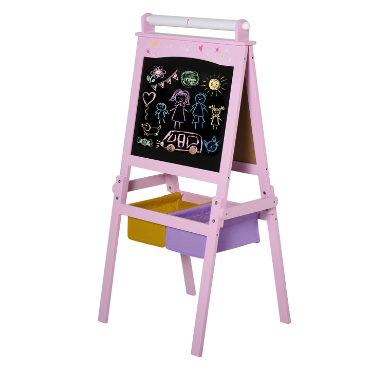 Cavalete Infantil 3 em 1 Cavalete de Arte para Crianças com Quadro Rolo de Papel e 2 Cestos de Armazenamento 58,5x50,5x118 cm Rosa