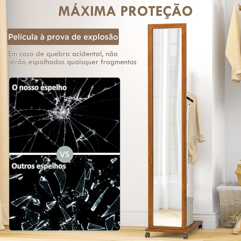 Espelho de Pé com Rodas Espelho de Corpo Inteiro com Barra para Pendurar Roupa e Prateleira Inferior para Dormitório Sala de Estar Corredor 35,5x49,5x167,8 cm Nogueira