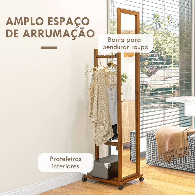 Espelho de Pé com Rodas Espelho de Corpo Inteiro com Barra para Pendurar Roupa e Prateleira Inferior para Dormitório Sala de Estar Corredor 35,5x49,5x167,8 cm Nogueira