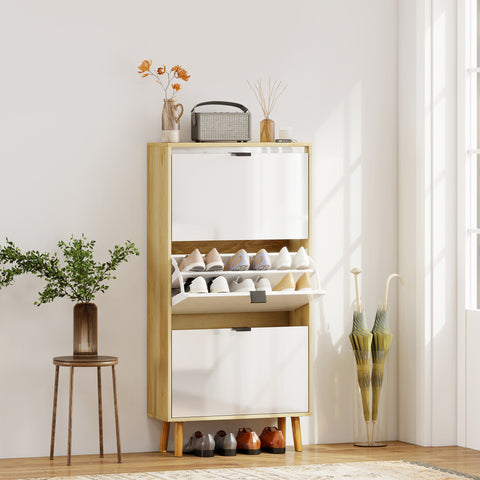 Sapateira Estreita com 3 Portas em Branco Brilhante Sapateira de Entrada com Prateleiras Ajustáveis e Pernas de Madeira para 18 Pares de Sapatos 60x24x127 cm Branco