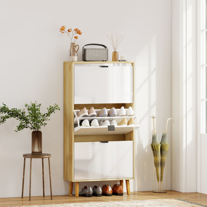 Sapateira Estreita com 3 Portas em Branco Brilhante Sapateira de Entrada com Prateleiras Ajustáveis e Pernas de Madeira para 18 Pares de Sapatos 60x24x127 cm Branco