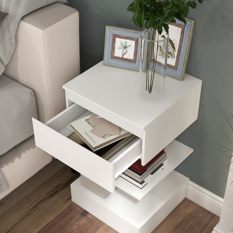 Mesa de Cabeceira Mesa Auxiliar com 1 Gaveta e 2 Prateleiras Abertas para Quarto Sala Cama Escritório Estilo Moderno 39x39x65 cm Branco