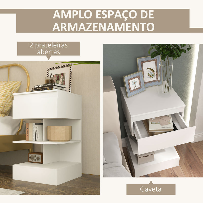 Mesa de Cabeceira Mesa Auxiliar com 1 Gaveta e 2 Prateleiras Abertas para Quarto Sala Cama Escritório Estilo Moderno 39x39x65 cm Branco