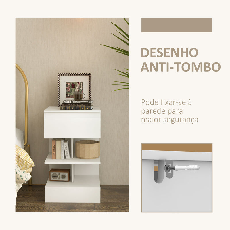 Mesa de Cabeceira Mesa Auxiliar com 1 Gaveta e 2 Prateleiras Abertas para Quarto Sala Cama Escritório Estilo Moderno 39x39x65 cm Branco