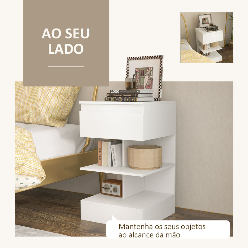 Mesa de Cabeceira Mesa Auxiliar com 1 Gaveta e 2 Prateleiras Abertas para Quarto Sala Cama Escritório Estilo Moderno 39x39x65 cm Branco