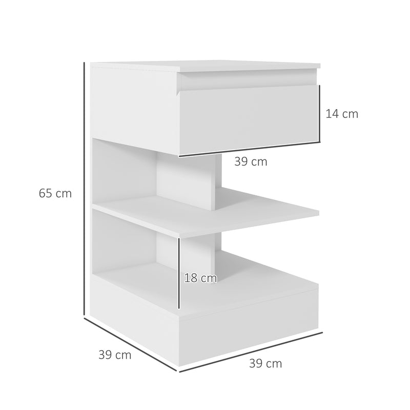 Mesa de Cabeceira Mesa Auxiliar com 1 Gaveta e 2 Prateleiras Abertas para Quarto Sala Cama Escritório Estilo Moderno 39x39x65 cm Branco