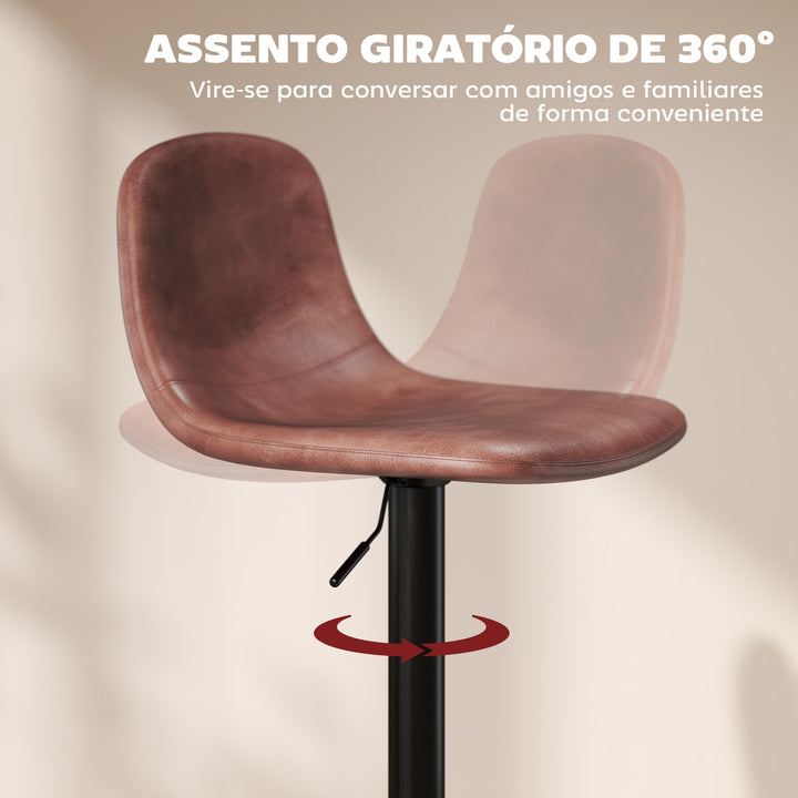 Conjunto de 2 Bancos de Bar Bancos Altos de Cozinha Reguláveis em Altura 84-104 cm com Encosto e Apoio para os Pés Estofadas em PU Giratórias em 360° para Sala de Jantar Varanda Marrom