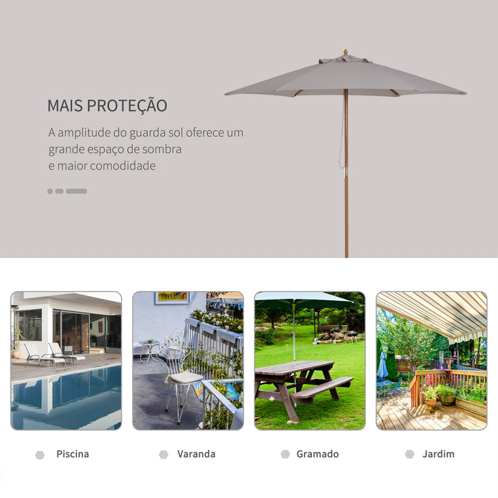 Chapéu de Sol de Madeira Ø250x230 cm para Exterior com 6 Hastes Sistema de Corda com Fixação Desmontável Portátil Fácil de Guardar e Transportar Cinza