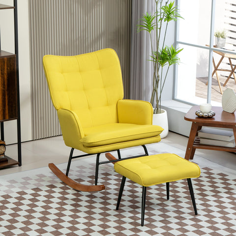 Conjunto de Poltrona Baloiço com Apoio para os Pés Poltrona Relax com Almofada Acolchoada e Anti-Tombo Carga 130 kg Sala de Estar Dormitório 64x89x90 cm Amarelo
