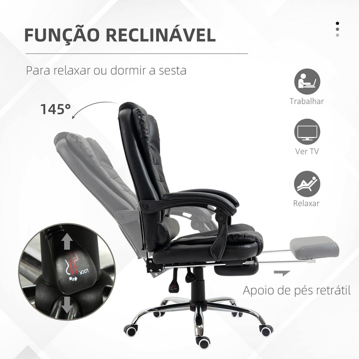 Cadeira de Escritório Reclinável Cadeira de Escritório com Apoio para os Pés Cadeira Executiva Giratória com Altura Ajustável Estofada em PU e Apoio para os Braços 64,5x69x109-117 cm Preto