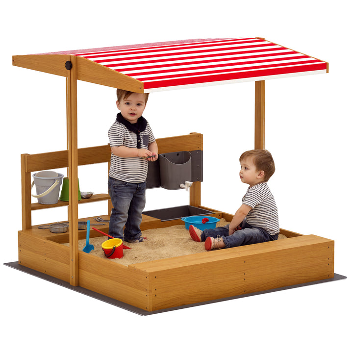 Caixa de Areia Infantil de Madeira com Toldo Ajustável Jogo com Acessórios de Cozinha Prateleira e 2 Assentos para Crianças de 3-7 Anos 114x110x110 cm Vermelho