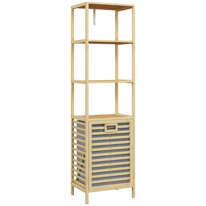 Estante de Casa de Banho em Bambu Estante de Armazenamento de Casa de Banho com 3 Prateleiras e 1 Cesto para Roupa Suja Removível 44x33x160 cm Natural