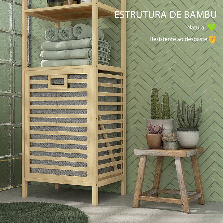 Estante de Casa de Banho em Bambu Estante de Armazenamento de Casa de Banho com 3 Prateleiras e 1 Cesto para Roupa Suja Removível 44x33x160 cm Natural