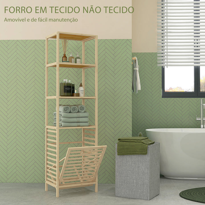 Estante de Casa de Banho em Bambu Estante de Armazenamento de Casa de Banho com 3 Prateleiras e 1 Cesto para Roupa Suja Removível 44x33x160 cm Natural