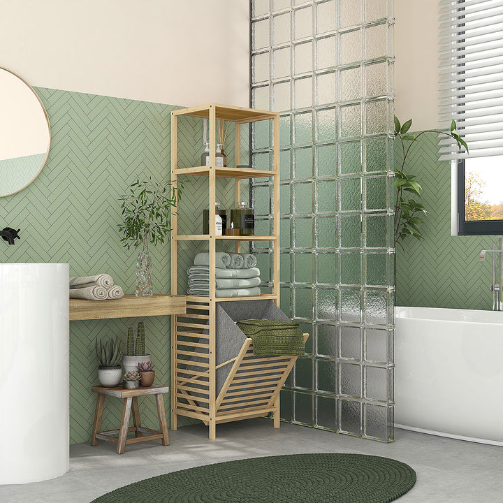 Estante de Casa de Banho em Bambu Estante de Armazenamento de Casa de Banho com 3 Prateleiras e 1 Cesto para Roupa Suja Removível 44x33x160 cm Natural