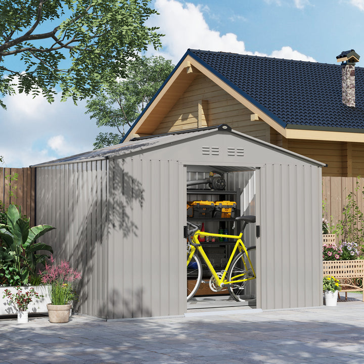 Abrigo de Jardim Exterior 4,9 m² 277x195x192cm Abrigo e Jardim Metálico para Armazenamento de Ferramentas com Base Incluída (Chão não Incluído) e 4 Janelas Verde Escuro