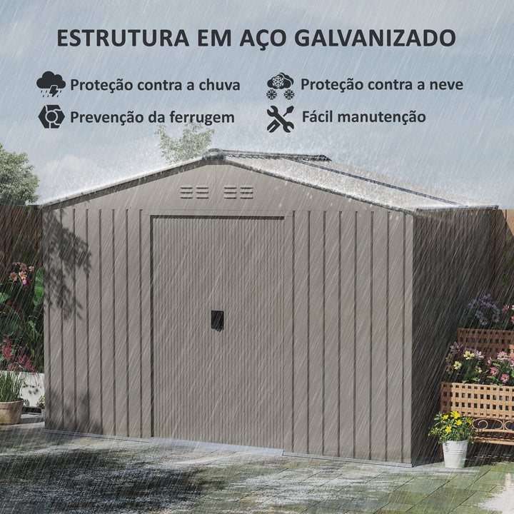 Abrigo de Jardim Exterior 4,9 m² 277x195x192cm Abrigo e Jardim Metálico para Armazenamento de Ferramentas com Base Incluída (Chão não Incluído) e 4 Janelas Verde Escuro