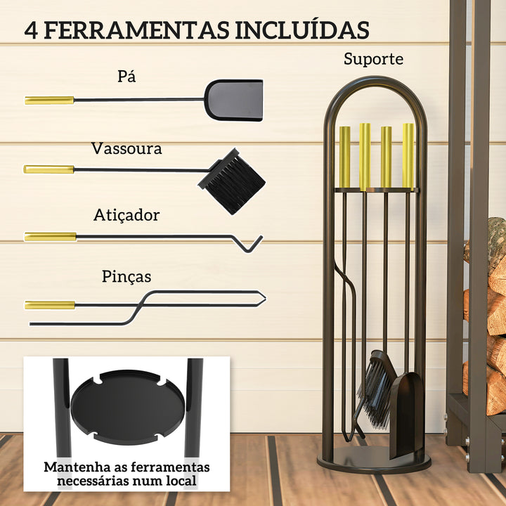 Conjunto de Acessórios para Lareira de 5 Peças Acessórios de Metal com Vassoura Pá Par de Tenazes Atiçador e Suporte 20x20x71 cm Preto e Dourado