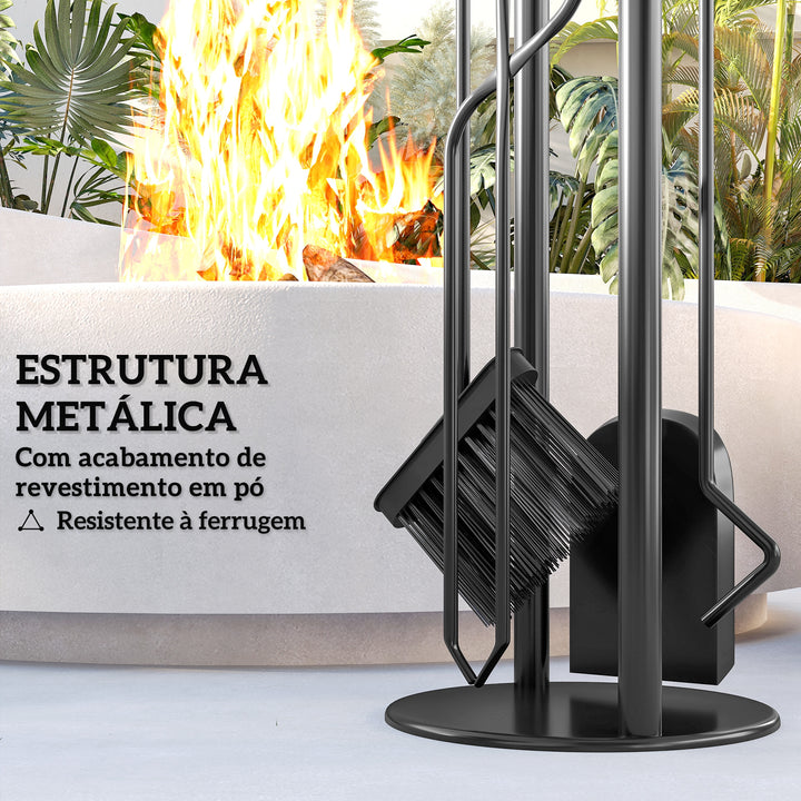 Conjunto de Acessórios para Lareira de 5 Peças Acessórios de Metal com Vassoura Pá Par de Tenazes Atiçador e Suporte 20x20x71 cm Preto e Dourado