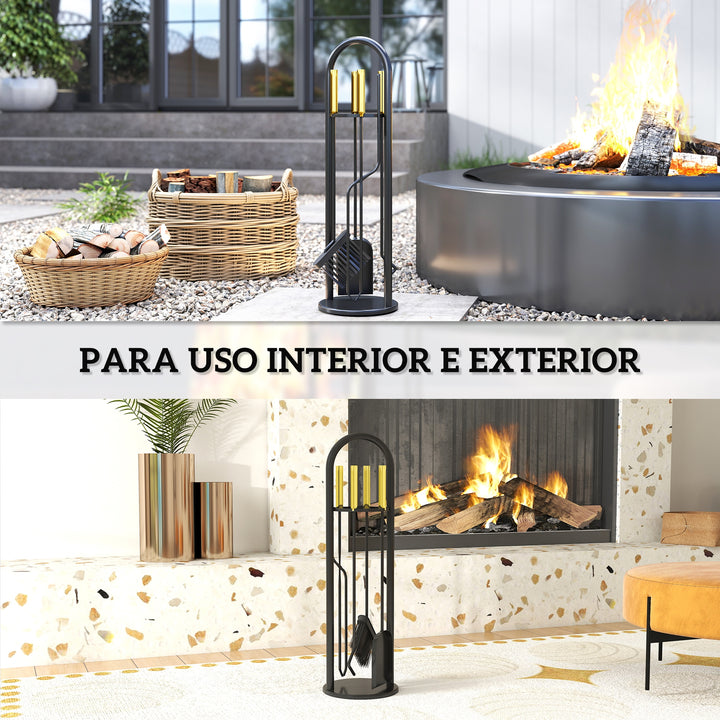 Conjunto de Acessórios para Lareira de 5 Peças Acessórios de Metal com Vassoura Pá Par de Tenazes Atiçador e Suporte 20x20x71 cm Preto e Dourado