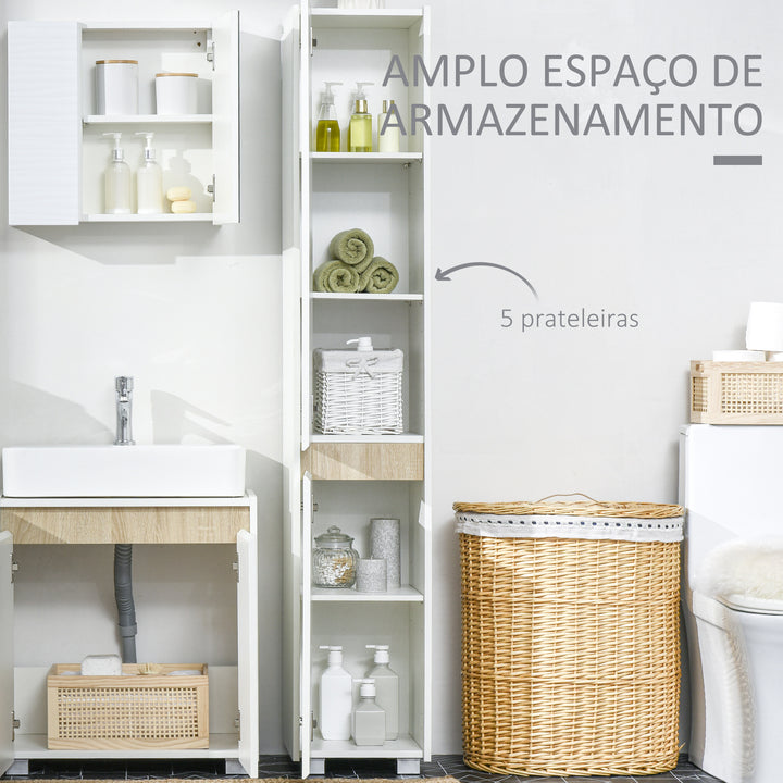 Coluna Casa de Banho Armário Auxiliar Casa de Banho de 5 Níveis com Prateleiras Ajustáveis Armário Multiusos para Duches Casa de Banho 30x33x165cm Branco