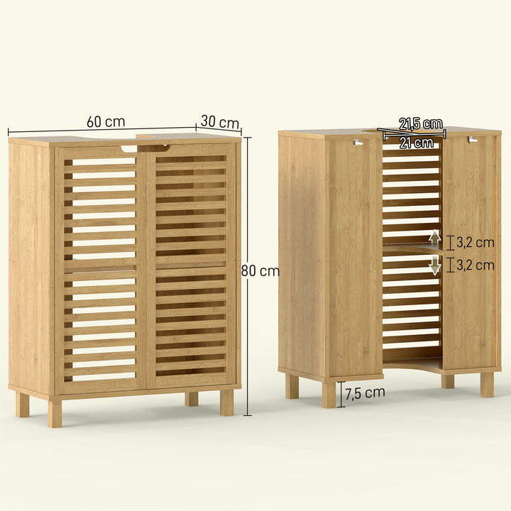 Móvel para Lavatório Pousar Móvel de Casa de Banho de Bambu com 2 Portas de Ripas Prateleira Ajustável para Lavatórios com ou sem Pedestal 60x30x80 cm Madeira