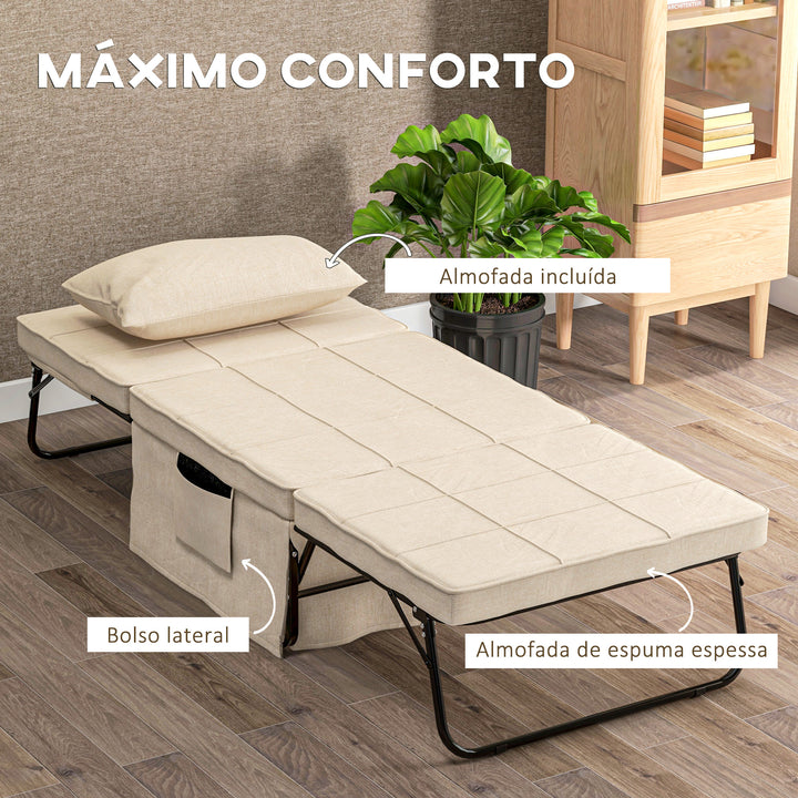 Sofá Cama 4 em 1 Poltrona Cama Desdobrável Estofado em Linho com Encosto Ajustável em 5 Níveis e Almofada Acolchoada para Escritório, Quarto Sala 75x80x74 cm Creme