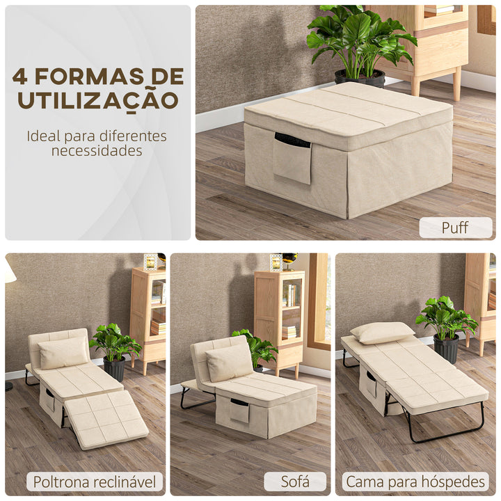 Sofá Cama 4 em 1 Poltrona Cama Desdobrável Estofado em Linho com Encosto Ajustável em 5 Níveis e Almofada Acolchoada para Escritório, Quarto Sala 75x80x74 cm Creme