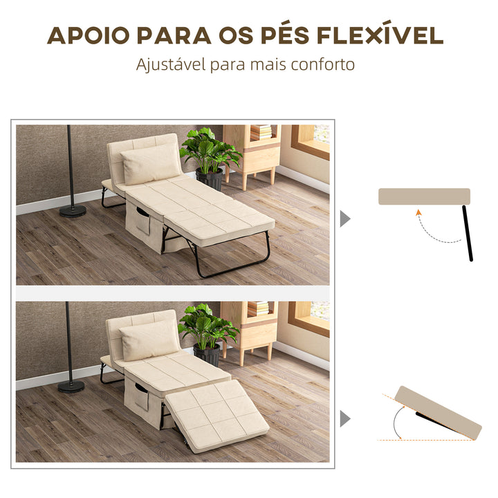 Sofá Cama 4 em 1 Poltrona Cama Desdobrável Estofado em Linho com Encosto Ajustável em 5 Níveis e Almofada Acolchoada para Escritório, Quarto Sala 75x80x74 cm Creme