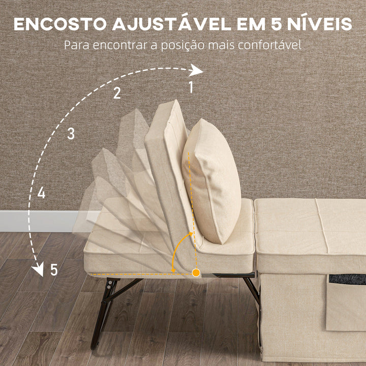 Sofá Cama 4 em 1 Poltrona Cama Desdobrável Estofado em Linho com Encosto Ajustável em 5 Níveis e Almofada Acolchoada para Escritório, Quarto Sala 75x80x74 cm Creme