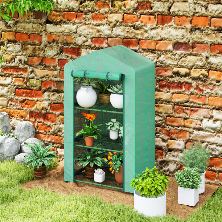 Estufa de Jardim de 3 Níveis Estufa de Exterior com 3 Prateleiras Porta Enrolável Estrutura Metálica Cobertura de PE Anti-UV Impermeável para Varanda e Terraço 69x49x125 cm Verde
