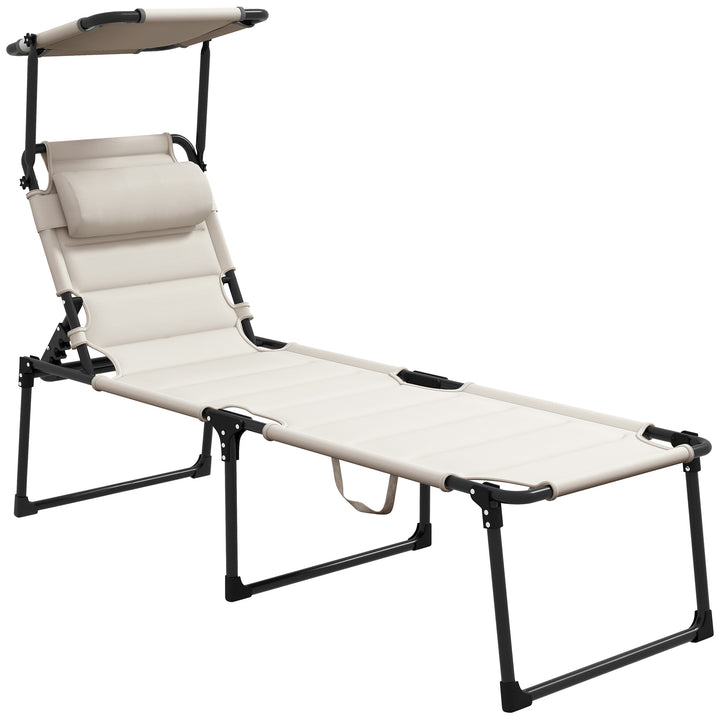 Espreguiçadeira Dobrável Espreguiçadeira de Jardim com Toldo Ajustável Encosto Regulável em 4 Níveis e Apoio de Cabeça para Jardim Terraço Piscina 70x200x45 cm Creme