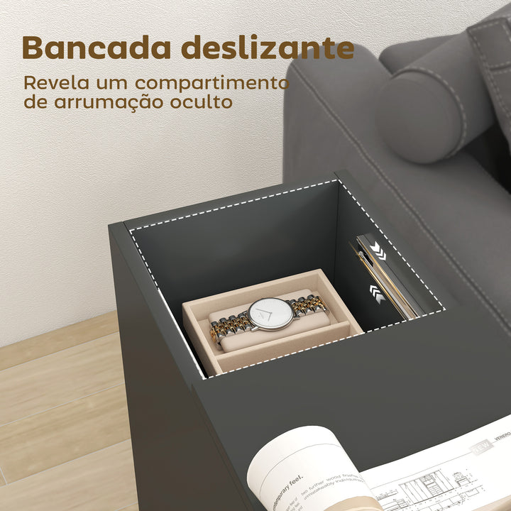 Mesa Auxiliar com Bancada Deslizante e Rodas Mesa Auxiliar com Armazenamento Oculto e Prateleira Ajustável para Sala de Estar Quarto 45x25x70 cm Preto