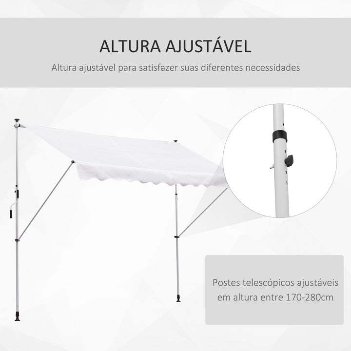 Toldo Manual Retrátil para Exterior 300x150x170-280cm Toldo Enrolável Altura Ajustável com Manivela Proteção Solar para Terraço Balcão Jardim Branco