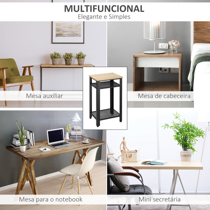 Mesa Auxiliar Mesa de Cabeceira Estilo Industrial com 2 Prateleiras de Grade de Metal e Pés Ajustáveis 45x35x75cm Carvalho e Branco