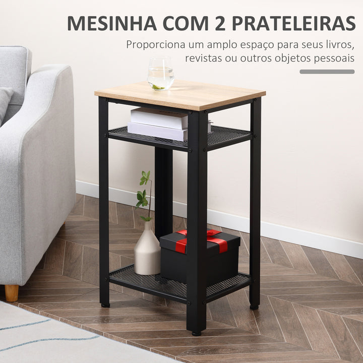 Mesa Auxiliar Mesa de Cabeceira Estilo Industrial com 2 Prateleiras de Grade de Metal e Pés Ajustáveis 45x35x75cm Carvalho e Branco