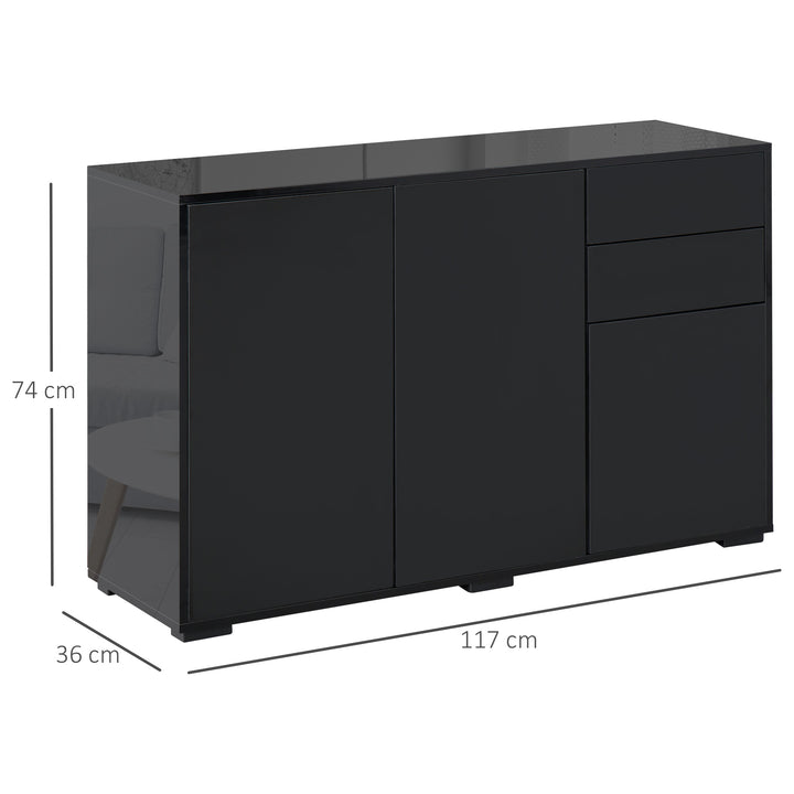 Aparador de Sala de Estar com 3 Portas 2 Gavetas e Prateleira Interior Ajustável Móvel Auxiliar de Armazenamento para Cozinha Dormitório Anti-Rolamento 117x36x74 cm Preto