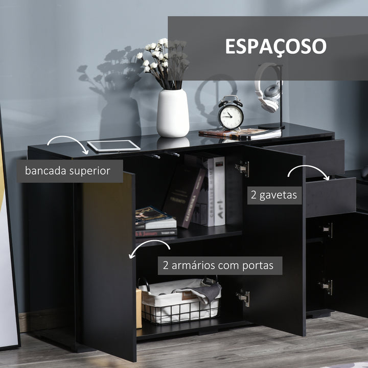 Aparador de Sala de Estar com 3 Portas 2 Gavetas e Prateleira Interior Ajustável Móvel Auxiliar de Armazenamento para Cozinha Dormitório Anti-Rolamento 117x36x74 cm Preto