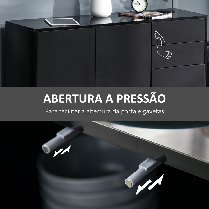 Aparador de Sala de Estar com 3 Portas 2 Gavetas e Prateleira Interior Ajustável Móvel Auxiliar de Armazenamento para Cozinha Dormitório Anti-Rolamento 117x36x74 cm Preto