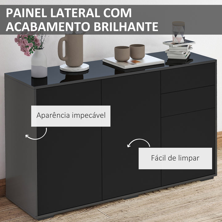Aparador de Sala de Estar com 3 Portas 2 Gavetas e Prateleira Interior Ajustável Móvel Auxiliar de Armazenamento para Cozinha Dormitório Anti-Rolamento 117x36x74 cm Preto