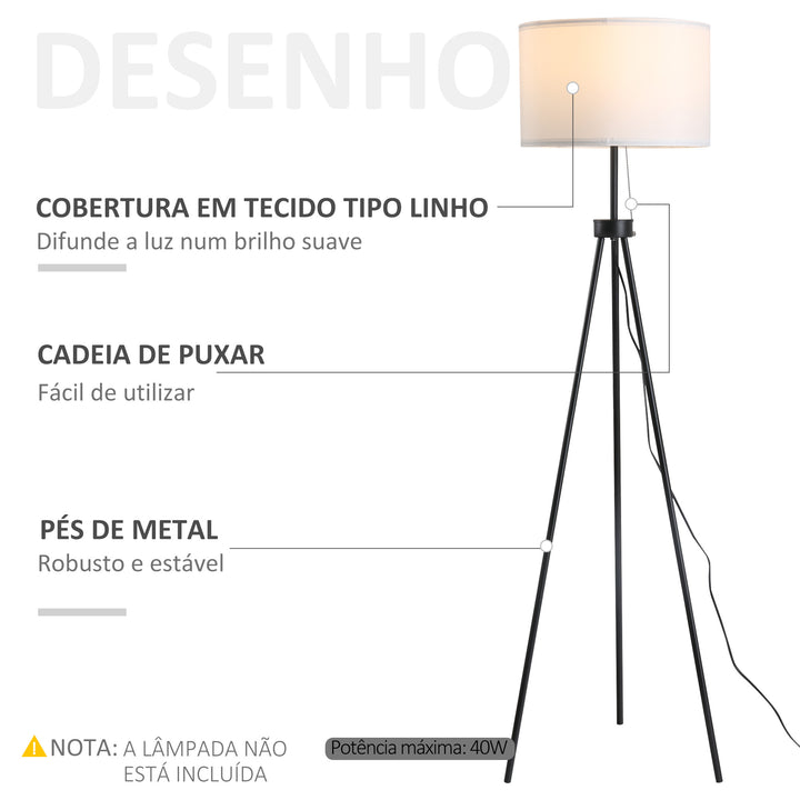 Candeeiro de Pé Moderno Candeeiro de Pé para Sala de Estar com Ecrã Redondo Tripé e Suporte para Lâmpada E27 Ø37x152 cm Branco e Preto