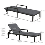 Espreguiçadeira de Vime Chaise Longue de Jardim com Encosto Ajustável em 5 Posições Acolchoado e 2 Rodas Carga 120 kg 73x200x48 cm Cinza Escuro e Preto