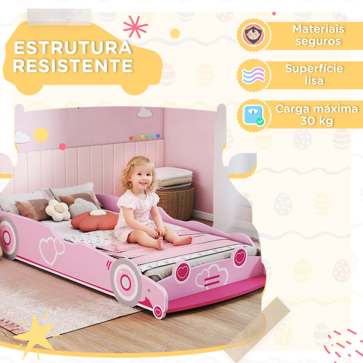 Cama Infantil 70x140 cm em Forma de Carro com Barreira de Proteção e Estrado para Crianças de 3-5 Anos Rosa