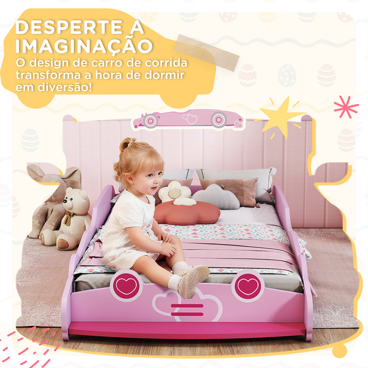 Cama Infantil 70x140 cm em Forma de Carro com Barreira de Proteção e Estrado para Crianças de 3-5 Anos Rosa