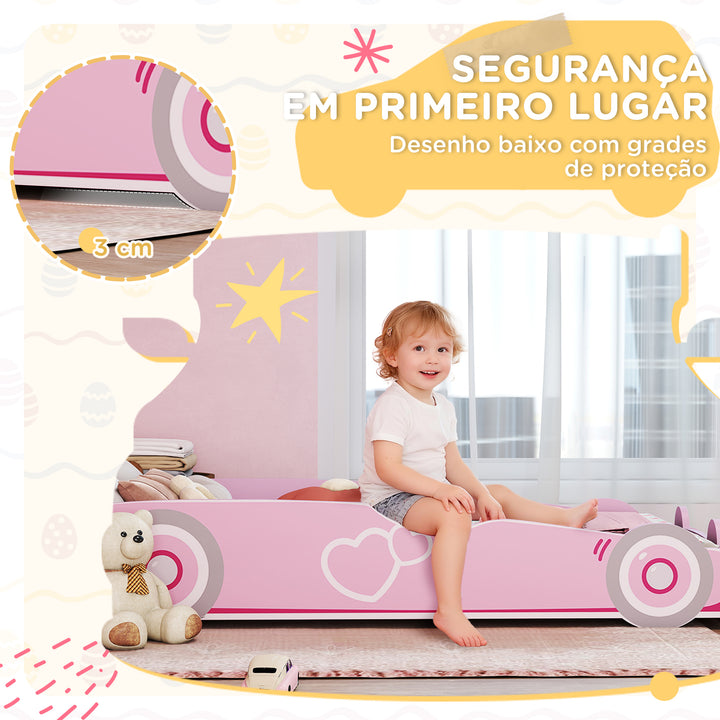 Cama Infantil 70x140 cm em Forma de Carro com Barreira de Proteção e Estrado para Crianças de 3-5 Anos Rosa