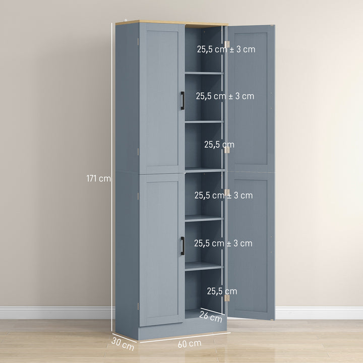 Armário de Cozinha Armário de Armazenamento Cozinha com 4 Portas e Prateleiras Ajustáveis Anti-Tombo 60x30x171 cm Cinzento